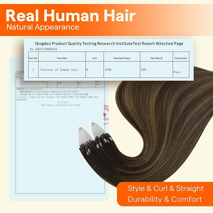 Full Shine Micro Link Hair Extensions Human Hair 18 Inch 50G with 7G Micro Beads Dark Brown Fading to Ash Brown and Dark Brown Micro Loop Hair Extensions Real Human Hair add Volume