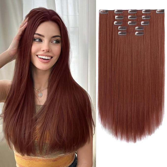 Hair Extension Clips Straight Invisible 18 Inch Long Thick Synthetic Clip in Extensions 5PCS Soft and Beautiful Copper Red Hairpieces Heat Resistant for Women Weddings Party Daily Use 6.5 Oz