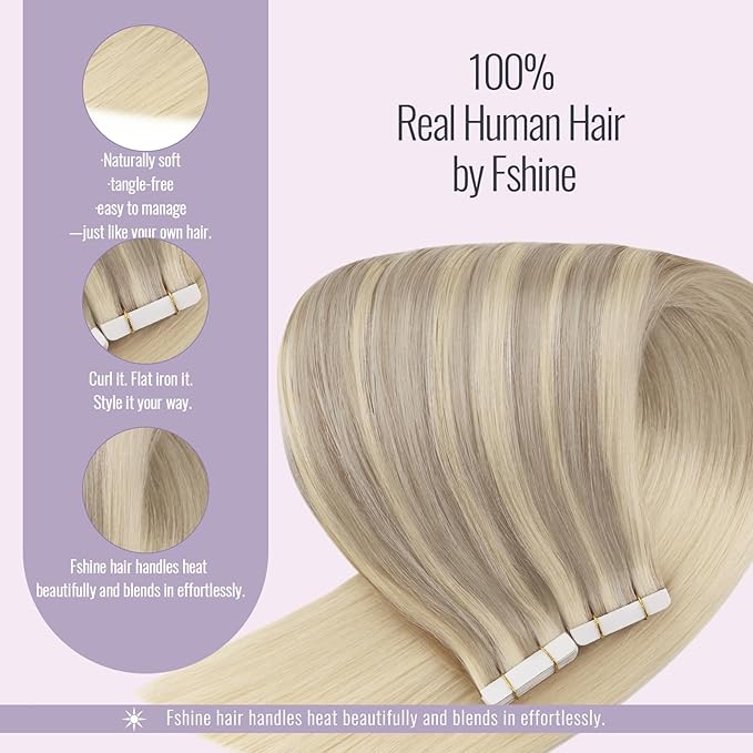 Fshine Balayage Tape in Human Hair Extensions 16 Inch Ash Blonde to Golden Blonde and Platinum Blonde Tape in Hair Extensions 20 pcs 50 g,Designed to Boost Volume & Length