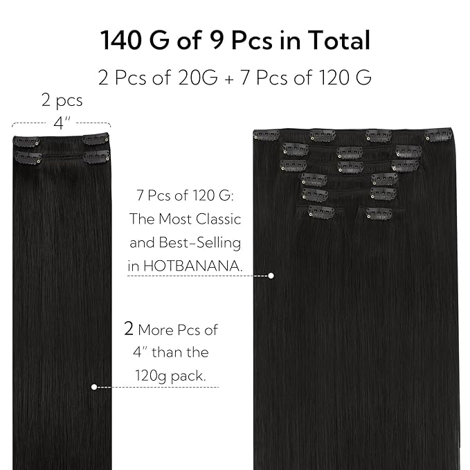 HOTBANANA Clip in Hair Extensions Real Human Hair, 150g 9pcs 24 inch Natural Black Straight Remy Clip in Extensions Full Head for Women