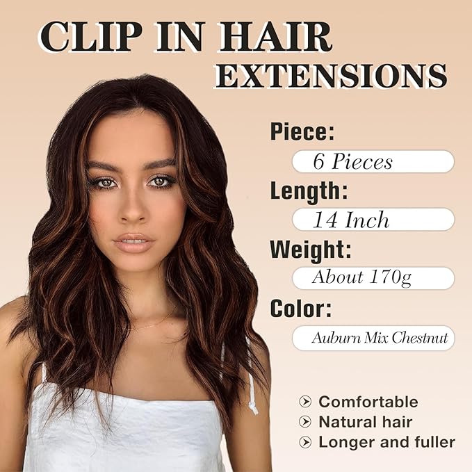 NAYOO Clip in Hair Extensions for Women 14 Inch Short Wavy Curly Auburn Mix Chestnut Hairpieces Full Head Synthetic Hair Hairpieces(6PCS,Auburn Mix Chestnut)