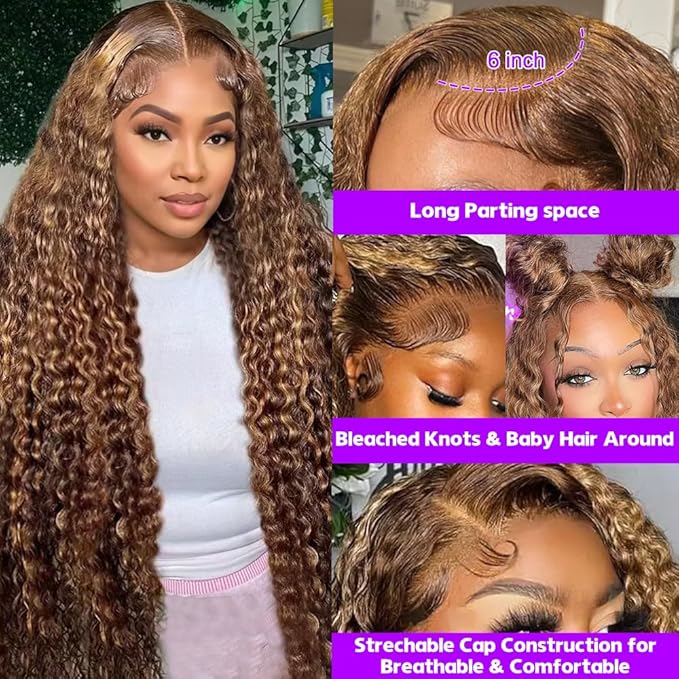 30 Inch Honey Blonde Wig Human Hair 13x6 HD Transparent Ombre Lace Front Wig Human Hair 4/27 Deep Wave Wig Glueless Curly Wigs for Women