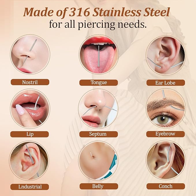 Piercing Taper Tool 18Pcs - 14G, 16G, 18G, 20G, Straight, Curved Needles - Piercing Insertion Tool Set for Nose Studs, Lip Rings, Earring - Changing Tool for Piercings
