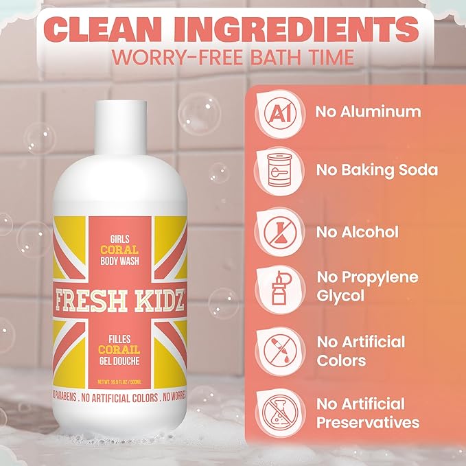 Fresh Kidz Body Wash 16.9 fl.oz. and Stick Deodorant 2.65 oz for Kids and Teens - Girls "Coral" Set