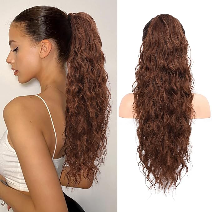 Flufymooz Ponytail Extension, 26 Inch Drawstring Ponytail Hair Extensions for Women， Long Curly Wavy Pony Tail Natural Wavy Synthetic Hairpiece for Women Daily Use party (26 Inch Deep copper)