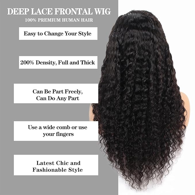 Deep Wave Lace Front Wigs Human Hair 200% Density 13x4 HD Transparent Full Lace Frontal Wigs Human Hair 12A Deep Curly Glueless Wigs Human Hair Pre Plucked for Black Women (22 Inch)
