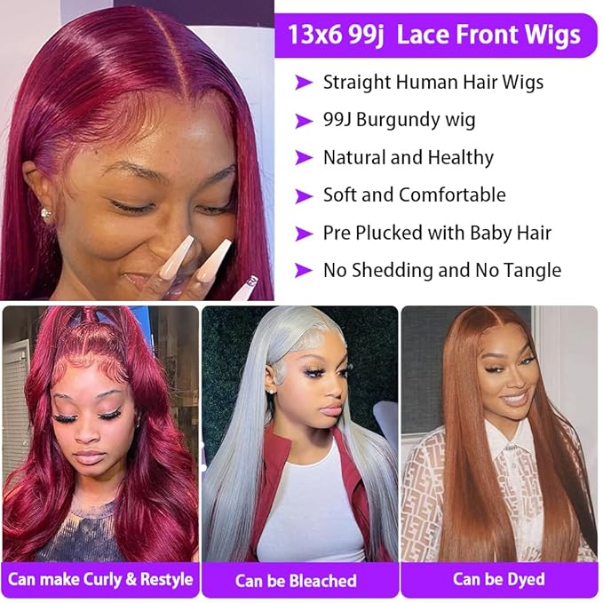 CHEEETAHBEAUTY Burgundy Lace Front Wigs Human Hair 32Inch 13x6 Burgundy Wig 220% Density Brazilian Virgin Straight Human Hair Wigs for Women Pre Plucked with Baby Hair