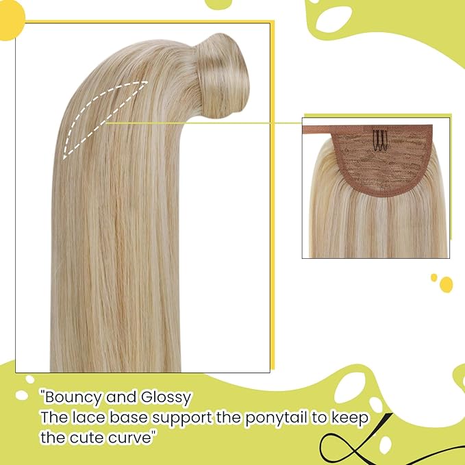 RUNATURE Ponytail Extension Human Hair, Blonde Human Hair Ponytail, Real Hair Ponytail Extension with Magic Paste, Natural Looking for Daily Wearing, 16 Inch 80g #18P613 Ash Blonde Highlight