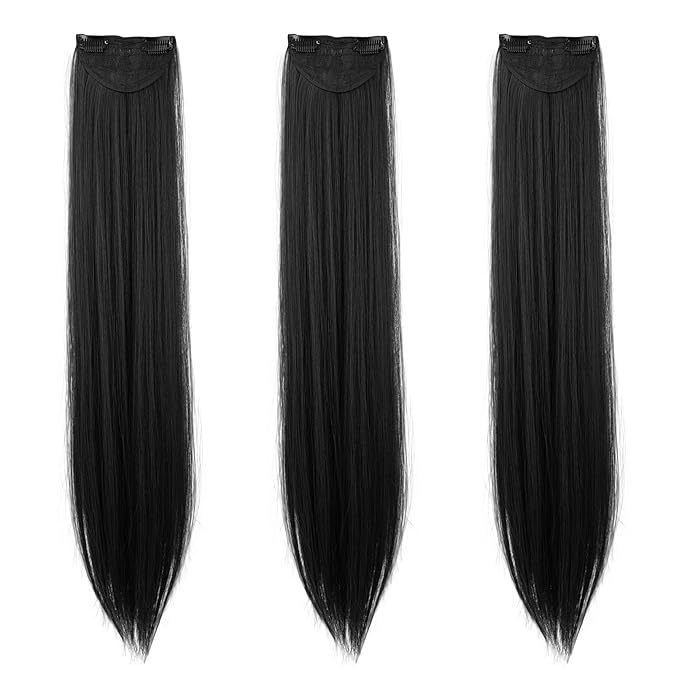 REECHO Thick Long Straight 3PCS Set Clip in on Hair Extensions for Women Girls (28 Inch (Pack of 3), Natural Black - Straight)