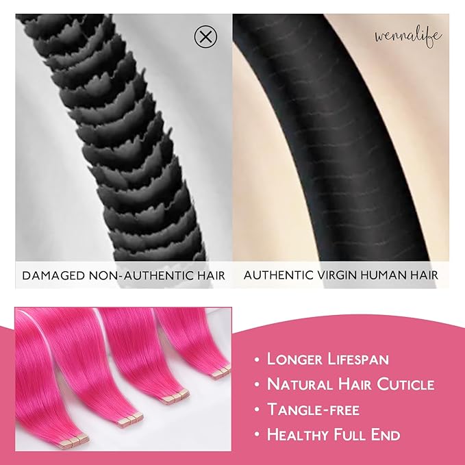 WENNALIFE Tape in Hair Extensions Human Hair Hot Pink Tape in Extensions, 10pcs 25g 16 inch Remy Invisible Tape Ins Straight Colored Soft Real Human Hair Tape in Extensions Refill Set Extensions