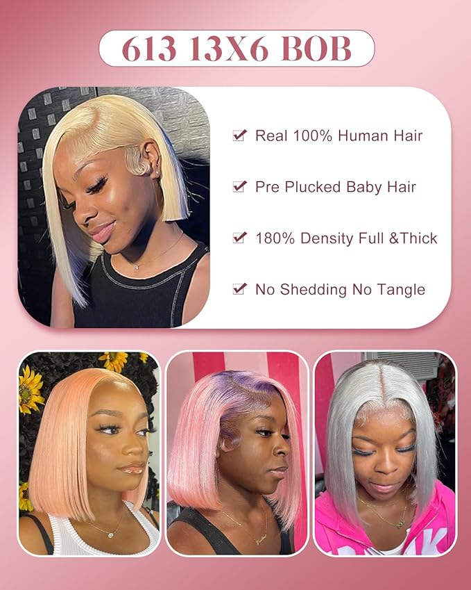 Alididi 613 Blonde Bob Wig Human Hair Straight 13x6 Transparent Lace Front Wigs Human Hair Pre Plucked Glueless Short Bob Wig human hair 180% Density 613 bob wigs for black women 14 Inch