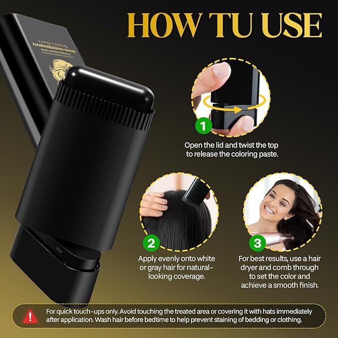 Hair Color Stick, 2 in 1 Instant Dye, Hair Dye Stick, Safe Portable Color Touch-Up Hair Sticks, Cover Gray Hair Color Correction Sticks for Women & Men, Waterproof and Sweat-Proof, 2Pack (Black)