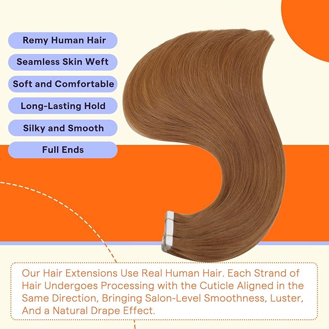 Full Shine Invisible Tape in Hair Extensions Human Hair Color 330 Auburn 18 Inch Remy Hair Extensions Tape ins Double Sided Seamless Skin Weft Human Hair Tape in Extensions 50g 20PCS