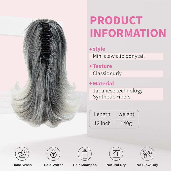 Ponytail Hair Extensions, 12 Inch Claw Clip Ponytail Hair Extensions for Women, Chin Clip Wigs, Soft Synthetic Wigs-Black mix Gray andPlatinum Blonde Tips