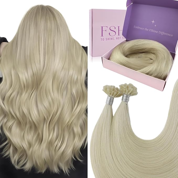Fshine Fusion Human Hair Extensions 14 Inch U Tip Extensions Color 60 Platinum Blonde Keratin Tip Hair Extensions 50 Strand 50g Real Human Hair