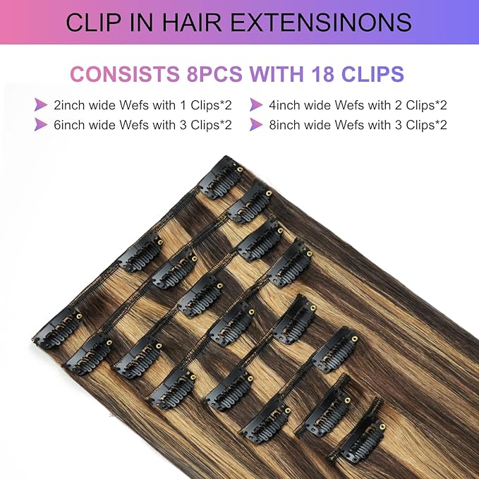 Clip in Hair Extensions Real Human Hair, 24 Inch 105g, 2p6 Balayage Highlight Chestnut Brown, Invisible Seamless Straight Remy Human Hair Clip in Extensions for Women 8pcs Per Set with Double Weft