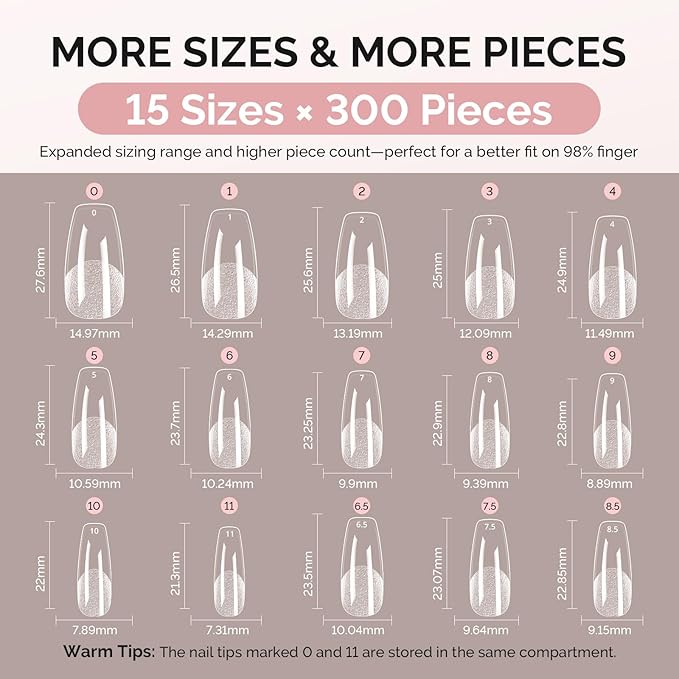 MelodySusie Medium Coffin X Nail Tips - 300Pcs 15Sizes Clear Acrylic, Half Matte Full Cover Press on Nails for DIY Extension & Salon Use, Pre-Shaped for Long-Lasting Manicure