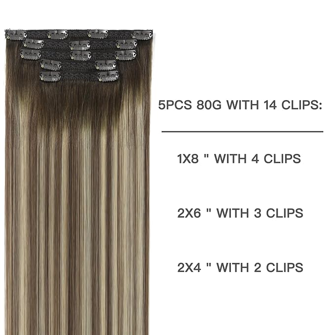Lace Clip In Extensions Real Human Hair Balayage Walnut Brown to Ash Brown Mix Light Blonde Ombre Remy Hair Exteions 5 Pcs Double Weft Clip on Hair Extensions 12Inch 80g