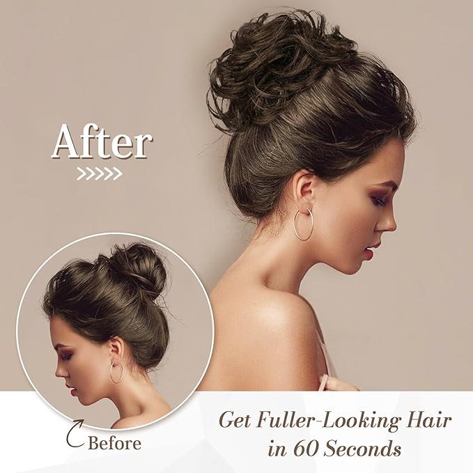 RUWISS Large Messy Bun Hair Piece 100% Human Hair Layered Wavy Curly Hair Buns Hair Piece for Women Updo Hairpiece for Daily Wear Real Hair Ponytail Extension (Chocolate Brown Highlighted Dark brown)