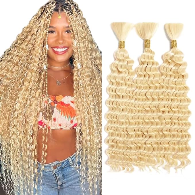 32 32 32 Inch Blonde Braiding Hair 150g 613 Deep Curly Wave 3 Bundles 150g Bulk Human Hair for Braiding Color 613 Blonde Braiding Hair