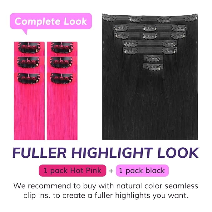 IDN BEAUTY Seamless Clip In Hair Extensions Human Hair, 22 Inch 40g 6Pcs Hot Pink Straight Real Virgin Human Hair Seamless Clip Ins For Black Women PU Weft Invisible Edge