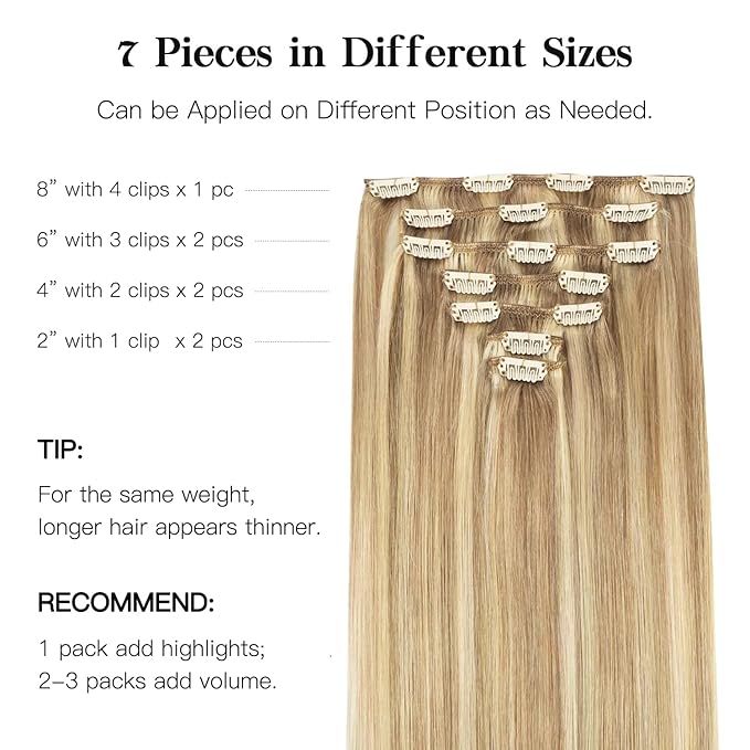 HOTBANANA Human Hair Clip in Hair Extensions, Balayage Light Blonde Highlighted Golden Blonde 120g Clip in Hair Extensions Real Human Hair Straight Remy Hair Extensions 20 Inch 7pcs