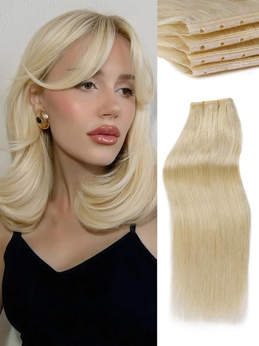 WIGNEE New Double Layered PU OVO Hair Extensions Blonde Ombre Straight Human Hair weft with beads 100% Real Human Hair Extensions 12 Inch Seamless Micro Beads Human Hair Extensions Glueless (613)