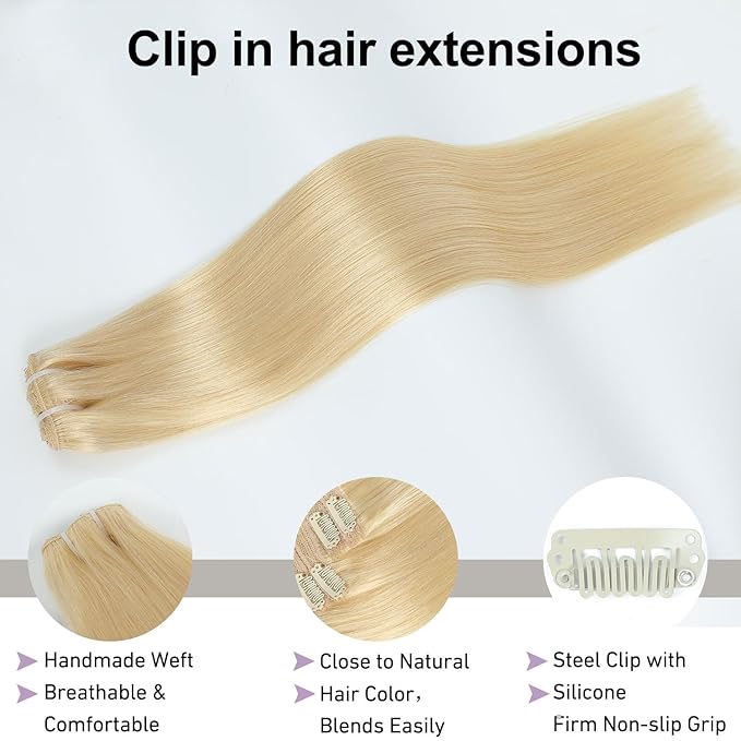 Clip in Hair Extensions Real Human Hair Bleach Blonde 22 inch 7pcs 100g/Pack, Human Hair Clip in Extensions, Salon-Grade Quality, Easy Comfort Wear for Women (#613, 22 inch)