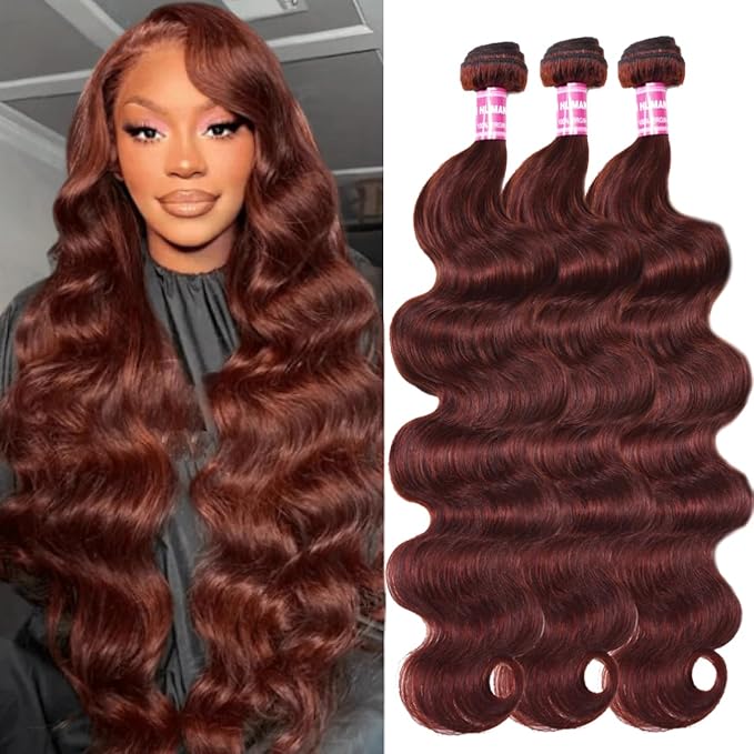 UNICE Reddish Brown Body Wave Human Hair Weave 3 Bundles 16 16 16 inch, Brazilian Remy Hair Auburn Brown Copper Red Human Hair Wavy Weaves for Sew in Extensions 33B Color