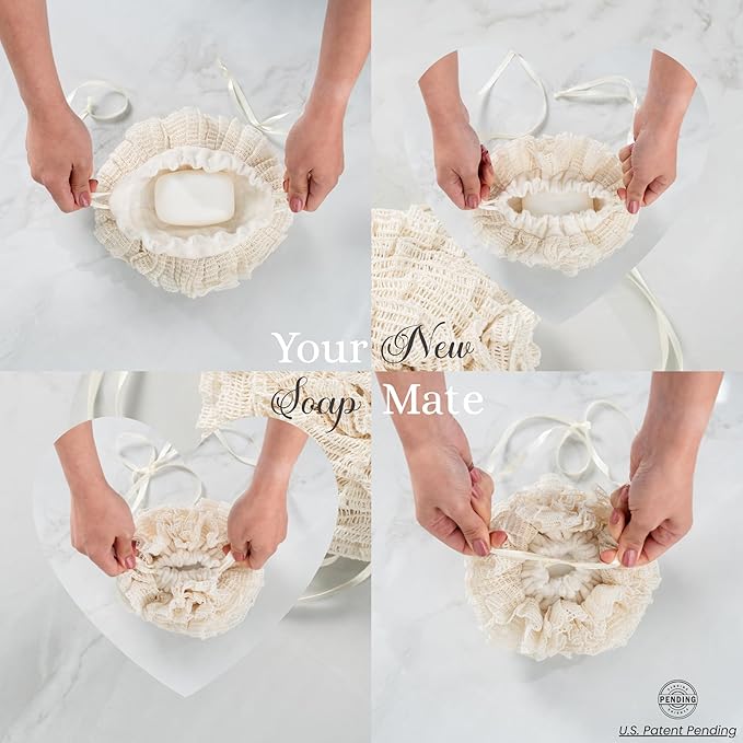 Bamboo Washcloth & Ramie Loofah – Dual‑Sided Body Scrubber for Bath & Shower – Patent Pending - Gentle Exfoliation, Sensitive Skin Spa Tool – Large Loofah with Bar Soap Pouch, Cotton Wash Bag, 2 Pack