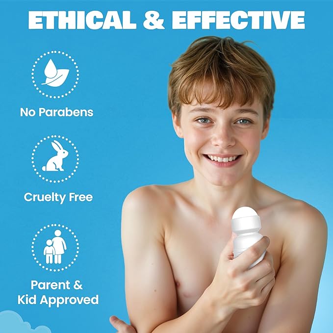 Fresh Kidz Roll On Deodorant for Kids and Teens - Baking Soda and Aluminum-free 24 Hour Protection for Sensitive Skin - Boys "Blue" 1.86 fl.oz.
