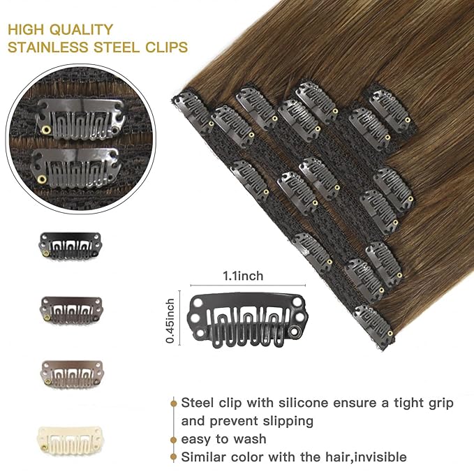 Clip in Hair Extensions Chestnut Brown Balayage to Platinum Blonde Mix Brown Real Human Hair Medium Brown Ombre Hair Extensions Remy Human Hair Clip in Extensions 20Inch 7Pcs 120g