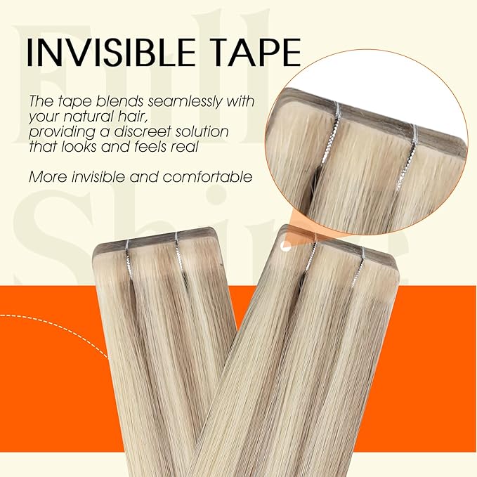 Full Shine Intact Tape Extensions Human Hair Remy Tape in Hair Extensions Color 18 Ash Blonde Highlight 613 Blonde Injection Invisible Skin Weft 20Inch Brazilian Extension Add Length 50G 20Pcs