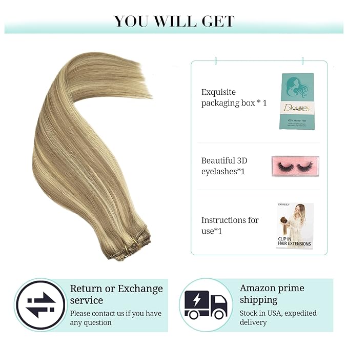 DOORES Hair Extensions Clip in Human Hair, 5pcs 80g Light Blonde Highlighted Golden Blonde Balayage 18 Inch Real Clip in Extensions Remy Hair Extensions Natural Straight