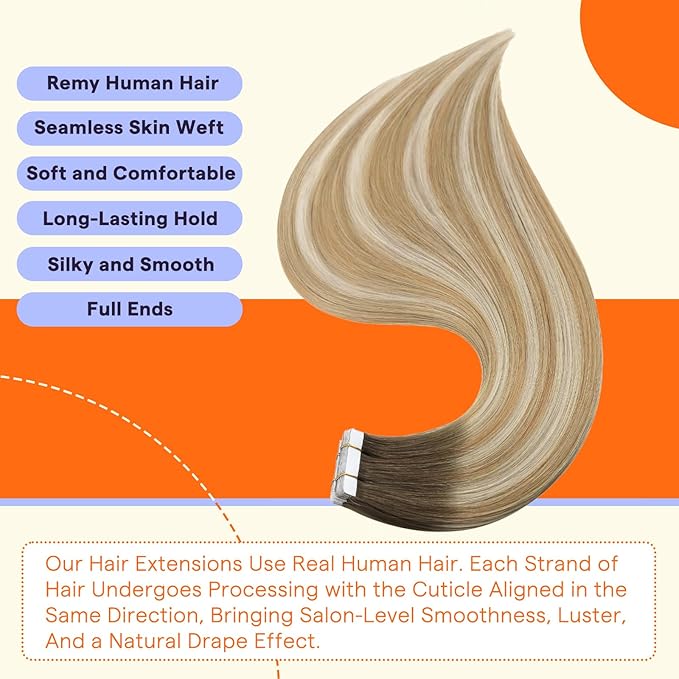 Full Shine Tape Hair Extensions Human Hair 16 Inch 50 Grams Tape in Hair Extensions Double Sided Color 6 Fading to 27 Honey Blonde Highlight 60 Blonde Seamless Skin Weft Extensions 20PCS Add Volume