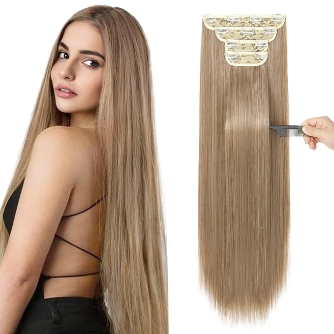 REECHO 28" Straight Super Long 4 PCS Set Thick Clip in on Hair Extensions Dark Blonde
