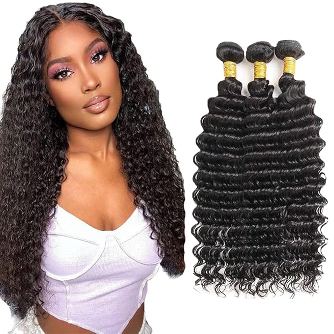 Freiuoke Deep Wave Bundles Human Hair Double Weft for Women Unprocessed Brazilian Virgin Hair Extensions Natural Black 18 20 22 Inch 3 Bundles 150g