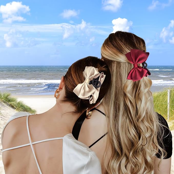 Bow Claw Clip,StrongHold Cute Bow Hair Claw Clips for Women Girls,Nonslip Silky Big Hair Bows Ribbons for Hair Claws,Large Claw Clips for Thick/Thin Hair Styling Accessories Gifts (red,champagne)