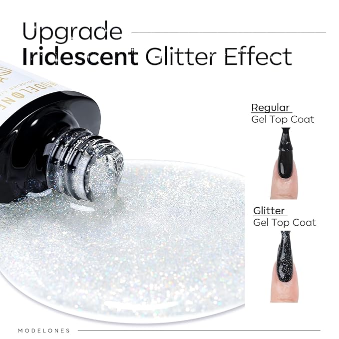 modelones Glitter Gel Top Coat, Reflective Iridescent Silver Mix Glitter Sparkle Clear Gel Polish No Wipe Glossy Confetti Sparkly Long Lasting Rainbow Shimmer Soak Off Nail Art Christmas Winter Gift