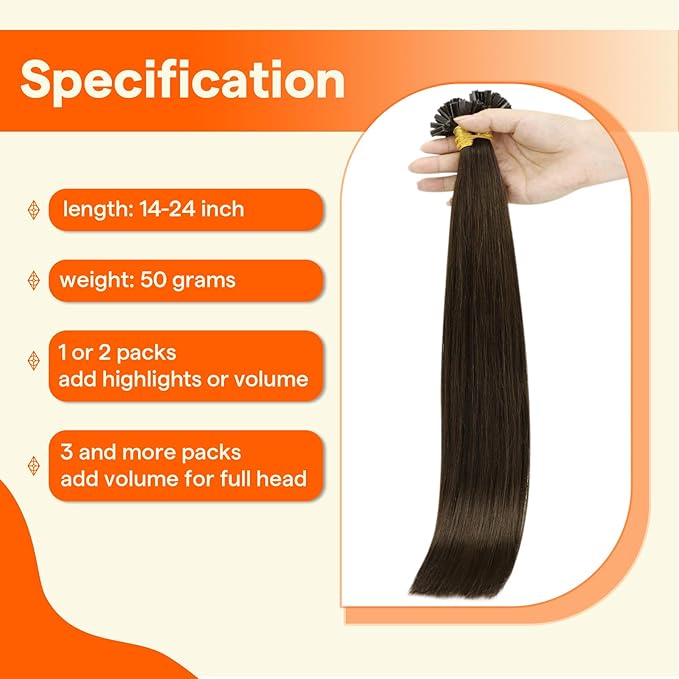 Full Shine K Tip Hair Extensions Human Hair Darkest Brown Ktip Human Hair Extensions 18 Inch Keratin Fusion Extensions Remy Hair 50 Grams Natural Straight Hair for Women