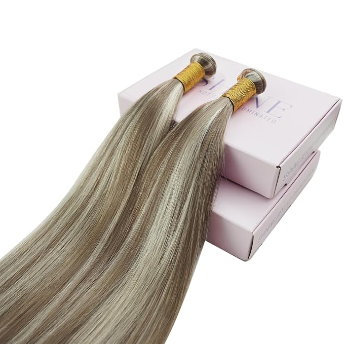 Fshine Highlight Genius Weft Sew in Real Human Hair Extensions for Women Light Brown with Platinum Blonde 16 Inch 50g Remy Straight Hair Weave Human Hair Genius Weft Natural Straight Hair Bundle