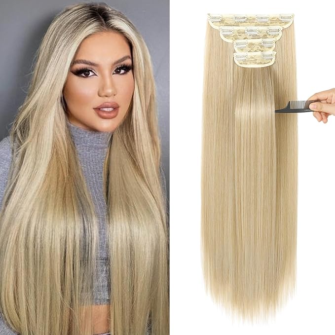 REECHO 28" Straight Long 4 PCS Set Thick Clip in on Hair Extensions - Medium Blonde