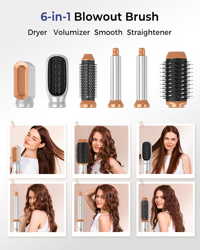 6 in ONE Hair Dryer Brush, Blow Dryer Curling Wand Hair Styling Tools Set, Ionic Hot Air Massage Oval Blowout Hair Dryer, Left&Right Hair Styler 100-120V