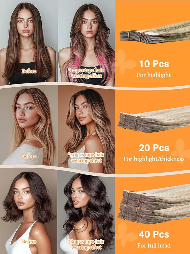 DOORES Tape in Hair Extensions Real Human Hair, Dark Blonde Highlighted Bleach Blonde 12 Inch 80g 40pcs, Hair Extensions Natural Remy Hair Straight Hair for Women