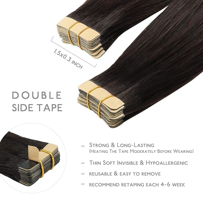 WENNALIFE Tape in Hair Extensions Human Hair, 20pcs 60g 28 inch Dark Brown Remy Hair Extensions for Women Tape Ins Straight Extensiones De Cabello Humano Skin Weft