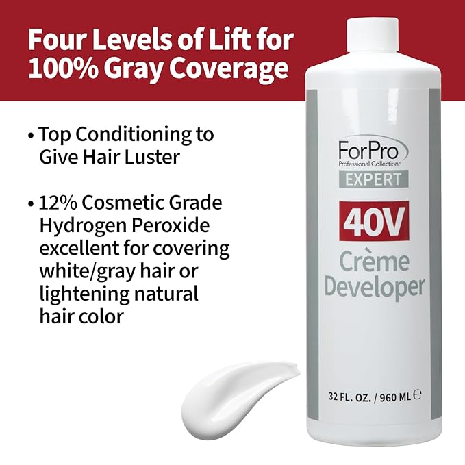 ForPro Expert 40 Volume Crème Developer for Hair Lightening, Gray Coverage & Color Deposit with Maximum Lift, 32 Fl Oz