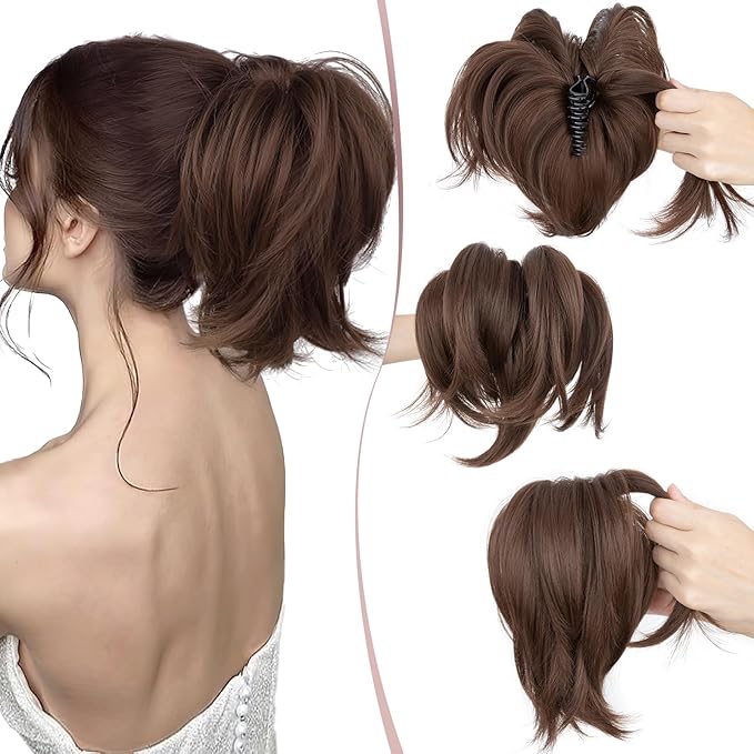 Claw Clip Short Ponytail Hair Extensions Messy Bun Hair Piece Pony Tails Hair Extensions with Bendable Metal Wire Hair Pieces DIY Style 8 Inch 10B Copper Brown