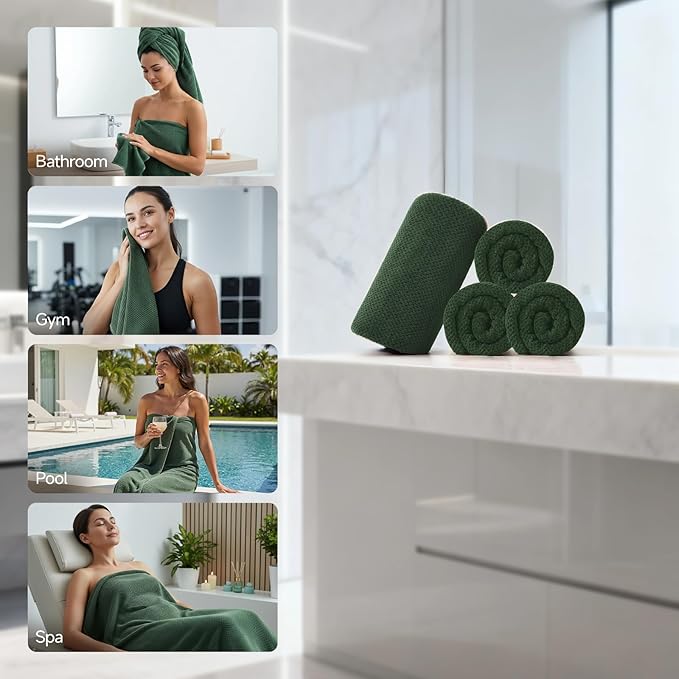 REDKISS 4 Pack Premium Bath Towels, Plush Coral Fleece Towels for Bathroom, Extra Large Bath Towels Set of 4 (35 x 70 in), Super Soft Highly Absorbent Fluffy Shower Towels for Spa, Gym, Travel, Olive