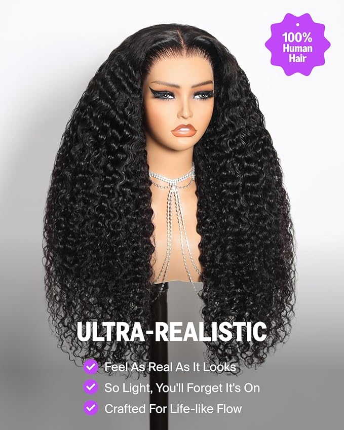 13x6 HD Deep Wave Lace Front Wigs Human Hair Pre Plucked Glueless Wear and Go Curly Human Hair Wig Upgraded Pre Cut Ear-to-Ear Frontal Drawstring Pre Bleached Knots Glueless Wig 26 Inch