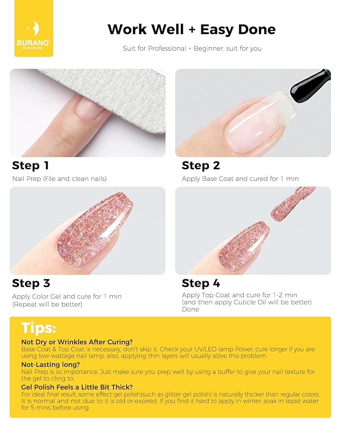 BURANO Glitter Nail Polish, LED UV Shimmer Holographic Effect Soak Off, No Chip Sparkle Gel for Home DIY Nail Salon (Sparkly LP16)